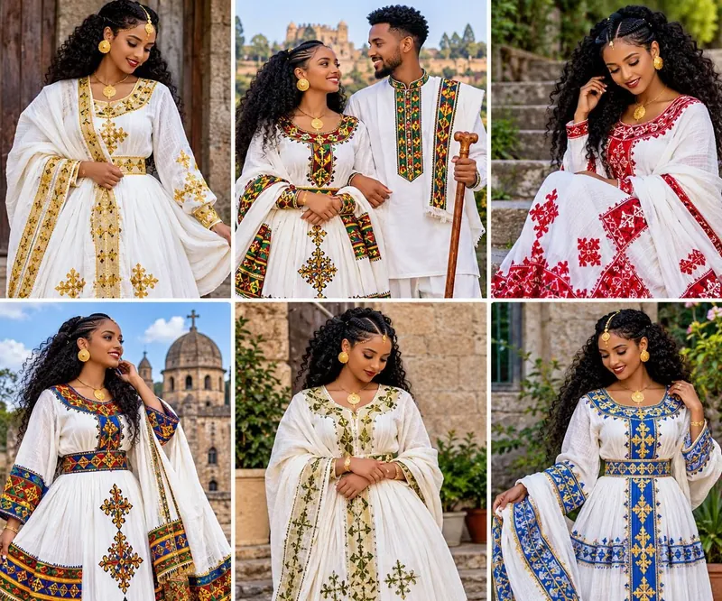 በወርቅ፣ በቀይ፣ በአረንጓዴ እና በሰማያዊ ጥልፍ ያጌጡ ስድስት የሀበሻ ጥበብ ልብሶች